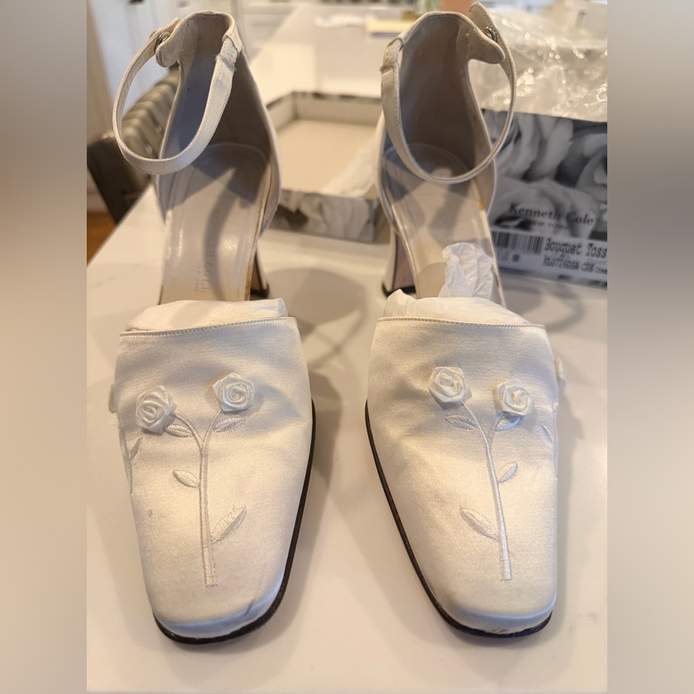 Kenneth Cole Ivory Embroidered Satin Wedding Heels